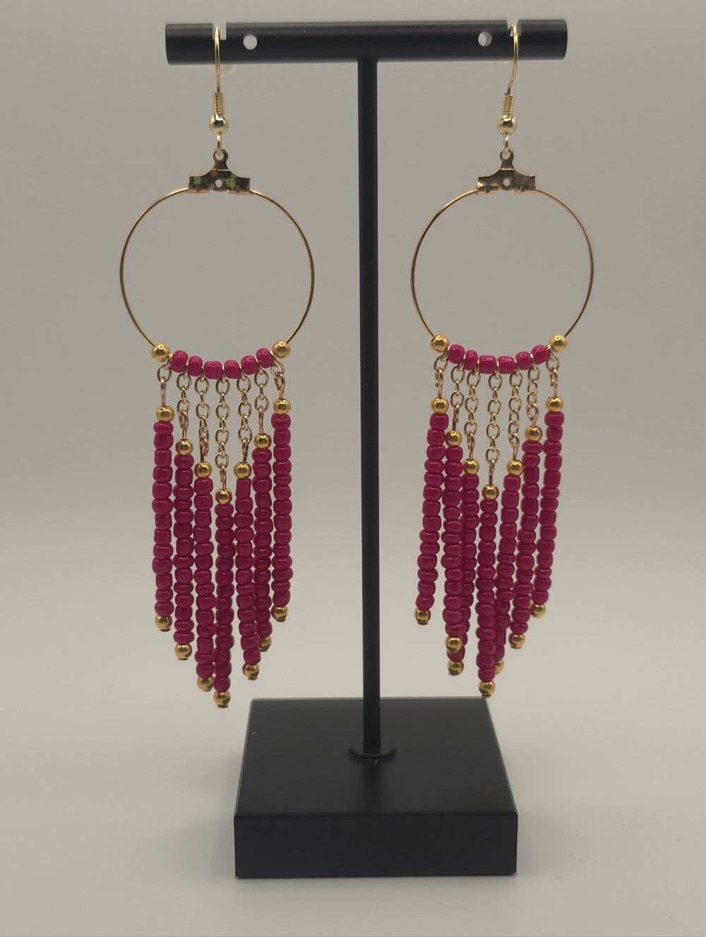 Hand Crafted Gold Hoop Earrings with Fuchsia Beaded Fringe